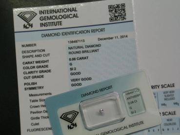 Preview: Diamant im Brillantschliff 0.08 ct/ G/ SI2/ G/ VG/ G/ N mit IGI Report