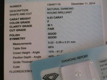 Diamant im Brillantschliff 0.53 ct/ F/ SI1/ F/ G/ G/ N mit IGI Report