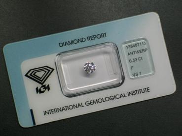 Diamant im Brillantschliff 0.53 ct/ F/ VS1/ VG/ VG/ G/ N mit IGI Report