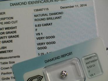 Preview: Diamant im Brillantschliff 0.53 ct/ F/ VS1/ VG/ VG/ G/ N mit IGI Report