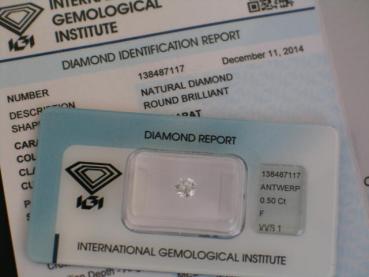 Diamant im Brillantschliff 0.50 ct/ F/ VVS1/ VG/ VG/ G/ N mit IGI Report
