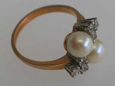 NEU Schöner Ring aus 585er Gold mit 2 Perlen und 6 Spinelen, Größe 55, Gewicht: 4,8g