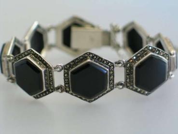 Armband aus 925er Sterlingsilber im Art Deco Stil mit Markasiten und Onyx Schmucksteinen in Hexagon-Form