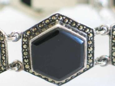 Armband aus 925er Sterlingsilber im Art Deco Stil mit Markasiten und Onyx Schmucksteinen in Hexagon-Form