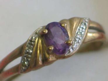 Ring aus 333er Gold mit Diamanten und Amethyst, Größe 57, Gewicht: 2,1g