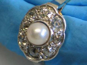 Preview: Vintage Altschliff Diamant / Perlenring 585er Gold und Platin, Größe 57, Gewicht: 4,3g