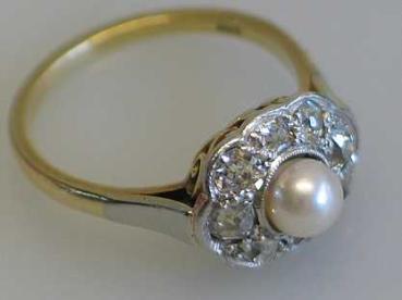 Preview: Vintage Altschliff Diamant / Perlenring 585er Gold und Platin, Größe 57, Gewicht: 4,3g