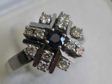 Diamant- Saphirring, 585er Weißgold mit 12 Diamanten und einem Saphir Edelstein, Größe 53, Gewicht: 6,0g