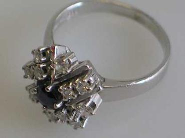 Diamant- Saphirring, 585er Weißgold mit 12 Diamanten und einem Saphir Edelstein, Größe 53, Gewicht: 6,0g
