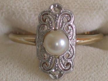Art Deco Damenring Gold & Platin, mit zwei Diamanten und einer Perle, Größe 54, Gewicht:2,0g
