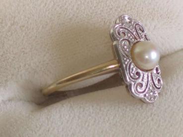 Preview: Art Deco Damenring Gold & Platin, mit zwei Diamanten und einer Perle, Größe 54, Gewicht:2,0g