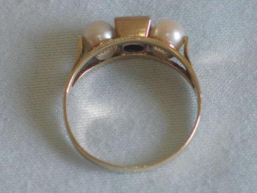 Preview: Ring aus 333er Gold mit 2 Perlen und Spinel, Größe 56, Gewicht: 2,2g