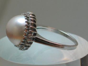 Preview: Ring aus 585er Weißgold mit silberfarbender Halbperle, Diamanten 0,26 ct., Größe 58, Gewicht: 5,7g