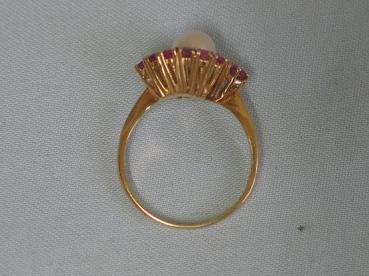 Eleganter Rubinring mit Zuchtperle aus 750er Gelbgold, Größe 60, Gewicht: 5,6g