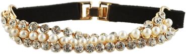 Klassisch Elegantes Armband aus Textil und Metall mit Strass und Perlen -Schwarz-