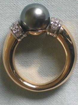 Tahiti Perlenring mit Diamanten aus 750er Gelbgold, Größe 52, Gewicht: 17,2g