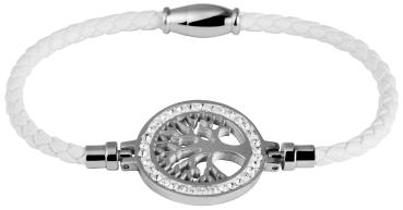 Akzent "Lebensbaum" Geflochtenes Armband aus Echtleder in Weiss und Edelstahl