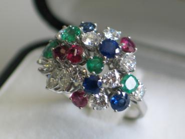 Neuwertiger Diamantring 1.02 ct., 585 Weißgold, 4 Rubinen, Smaragde, Saphire, Größe 57, 8,8g