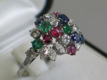 Neuwertiger Diamantring 1.02 ct., 585 Weißgold, 4 Rubinen, Smaragde, Saphire, Größe 57, 8,8g