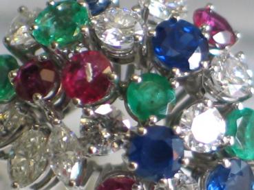 Neuwertiger Diamantring 1.02 ct., 585 Weißgold, 4 Rubinen, Smaragde, Saphire, Größe 57, 8,8g