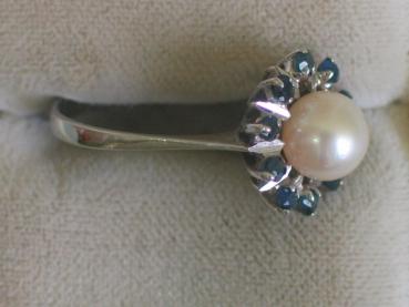 Eleganter Perlenring mit Saphiren, 585er Weißgold, Größe 57, Gewicht: 3,3g