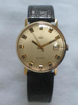 Vintage Herrenarmbanduhr "Eusi" Automatikwerk, 585er Gold mit Lederband