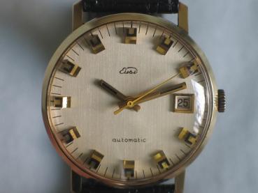 Vintage Herrenarmbanduhr "Eusi" Automatikwerk, 585er Gold mit Lederband