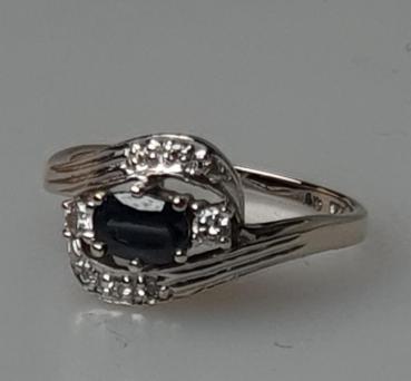 Saphir Diamantring mit 0.06 ct. aus 585er Weißgold, Größe 51, Gewicht: 2,9g