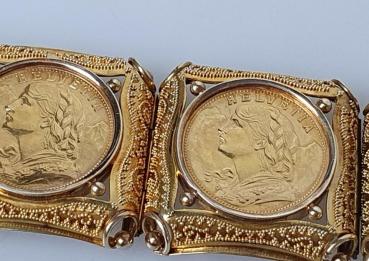 Preview: Vintage: "Vreneli" Münzarmband 585er Gold 6x 20 Franken SFRS Helvetia "Vreneli" 900er Gold