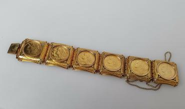 Preview: Vintage: "Vreneli" Münzarmband 585er Gold 6x 20 Franken SFRS Helvetia "Vreneli" 900er Gold