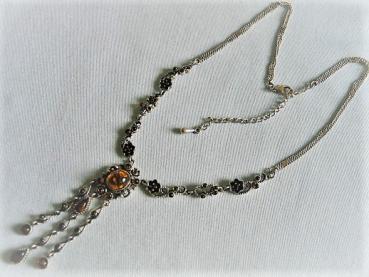 Vintage: Halskette aus 835er Silber mit Schmucksteinen und Bernstein, Länge 44,5 cm Gewicht: 17,0 Gramm