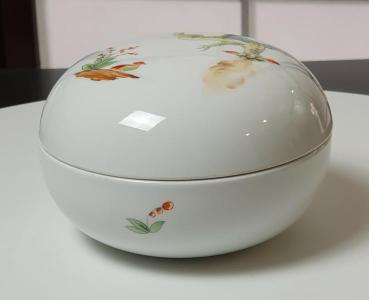 Vintage Meissen Deckeldose, rund, Drachen und Vogeldekor