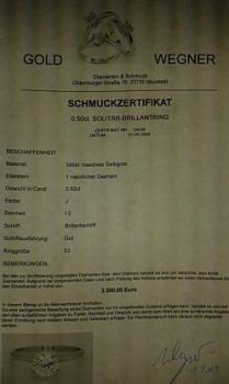 NEU Exclusiver Brillantsolitär mit 0.50 ct., 585er Gold Echtheitszertifikat, Größe 53