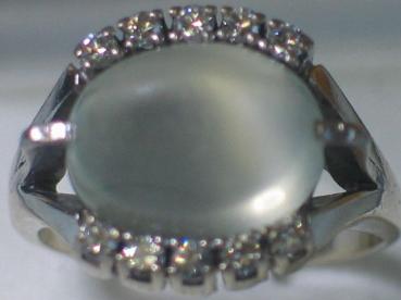 Mondstein Weißgold Ring von 10 Diamanten umringt aus 585er Gold, Größe 56, Gewicht: 7,7g