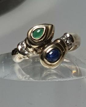 Preview: Saphir- Smaragd- Diamtring aus 333er Gelbgold, Größe 52, Gewicht: 3,2g