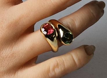 Eleganter Peridot/Rubellit Ring aus 750er Gelbgold, Größe 50, Gewicht: 11,2g