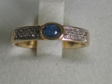 Preview: Saphir- Diamantring aus 585er Gold mit einem Saphir Edelstein und 2 Diamanten, Größe 50, Gewicht: 2,0g