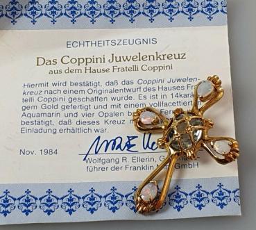 Coppini Juwelenkeuz Anhänger aus 585er Gold mit Opal Edelsteinen und Aquamarin, Gewicht: 5,6g