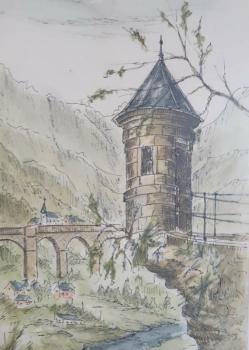 Farbzeichnung "Turm" von A. BAHC - Schätzpreis 120,- EUR