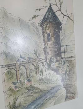 Farbzeichnung "Turm" von A. BAHC - Schätzpreis 120,- EUR