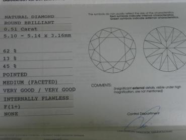 Diamant im Brillantschliff "F" 0.51 ct / IF/ Very Good / Very Good / mit IGI Report