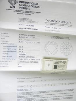 Diamant im Brillantschliff "F" 0.51 ct / IF/ Very Good / Very Good / mit IGI Report