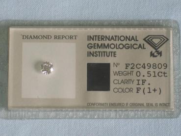 Diamant im Brillantschliff "F" 0.51 ct / IF/ Very Good / Very Good / mit IGI Report