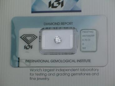 Diamant im Brillantschliff "D" 0.76 ct. /SI2/EX/ VG/ VG mit IGI Report