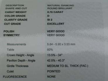 Preview: Diamant im Brillantschliff "D" 0.76 ct. /SI2/EX/ VG/ VG mit IGI Report