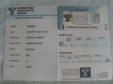Preview: Diamant im Brillantschliff 0.14 ct / SI2 / D / Good / mit IGI Report