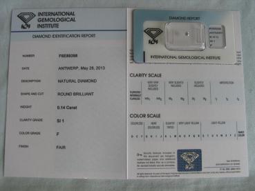 Preview: Diamant im Brillantschliff 0.14 ct / SI1 / F / Fair / mit IGI Report