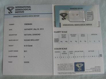 Preview: Diamant im Brillantschliff 0.13 ct / SI1 / I / Good / mit IGI Report