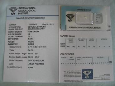 Preview: Diamant im Brillantschliff 0.18 ct / SI1 / G / F / G / G / mit IGI Report