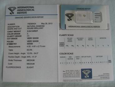 Preview: Diamant im Brillantschliff 0.34 ct / I1/ L / VG / VG / G / mit IGI Report